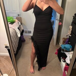 Windsor Black Asymmetrical Dress with Feather Detail